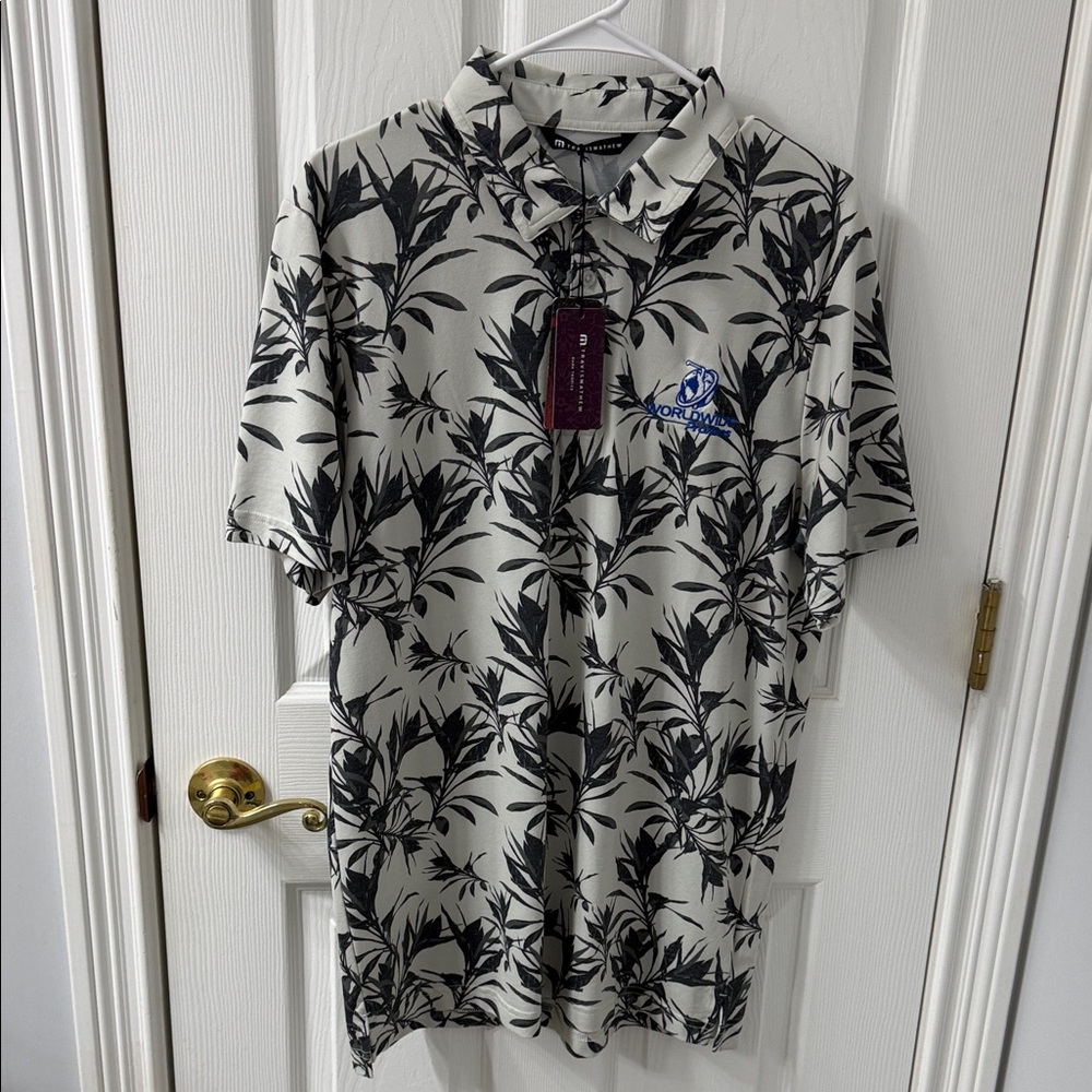 Travis Mathew Black and Gray Leaf Print Polo